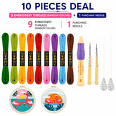 10-piece punch needle embroidery kit featuring 9 colorful embroidery floss skeins, adjustable punch needle tool, threaders, and accessories.