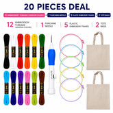 20-piece embroidery starter kit featuring 12 embroidery thread skeins, adjustable punch needle, 5 plastic embroidery hoops, and 2 plain tote bags.