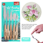 Vneeds 5-piece flexible stainless steel palette knife set with assorted blade shapes for acrylic painting, oil painting, texture art, and sculpting on a white background.