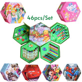 Hexagonal coloring art kit 46 pieces with color pencils, crayons, watercolors, and marker pens for kids