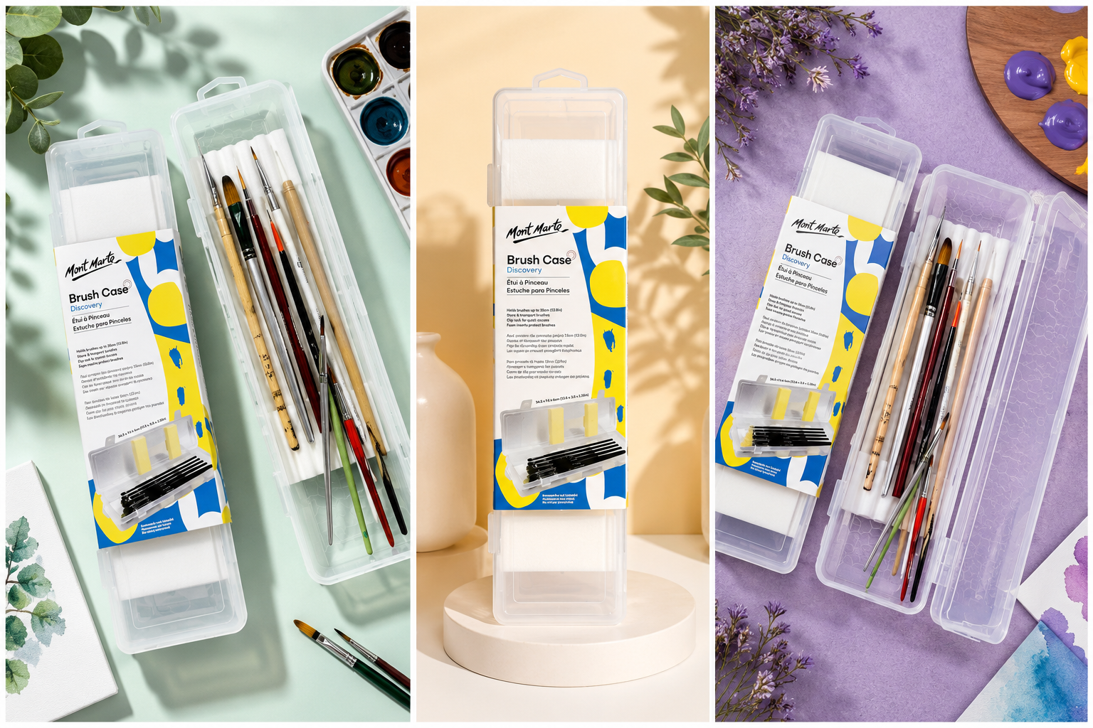 Mont Marte Discovery brush case plastic storage box with foam inserts and clip locks for storing and transporting paint brushes up to 33cm.