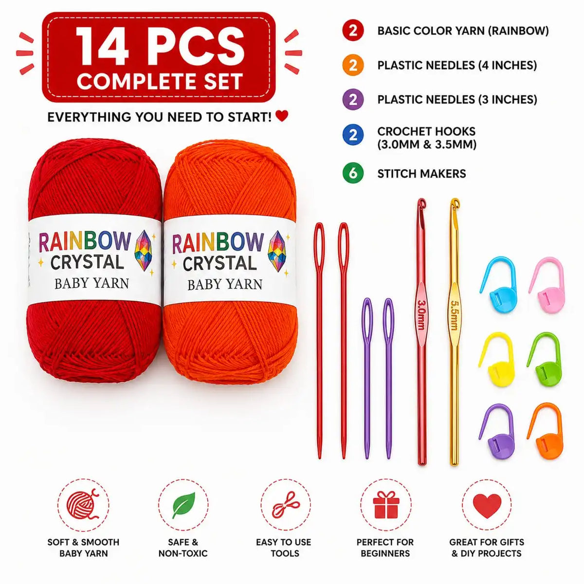 Basic beginner crochet kit with crochet hooks and knitting accessories set