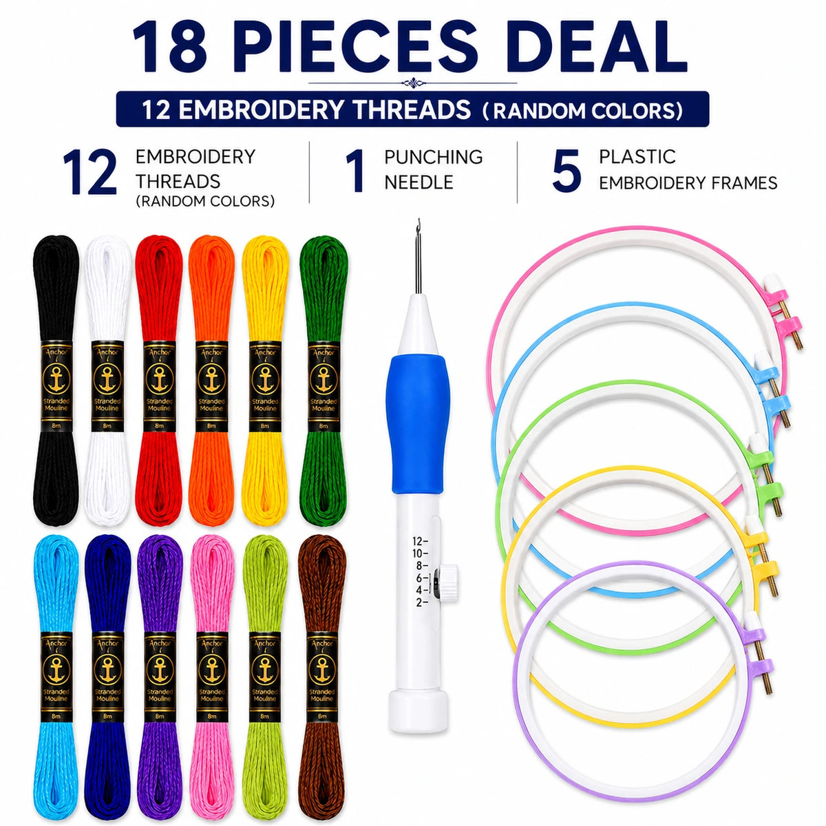 18-piece embroidery starter kit featuring 12 colorful embroidery floss skeins, adjustable punch needle tool, and 5 plastic embroidery hoops.