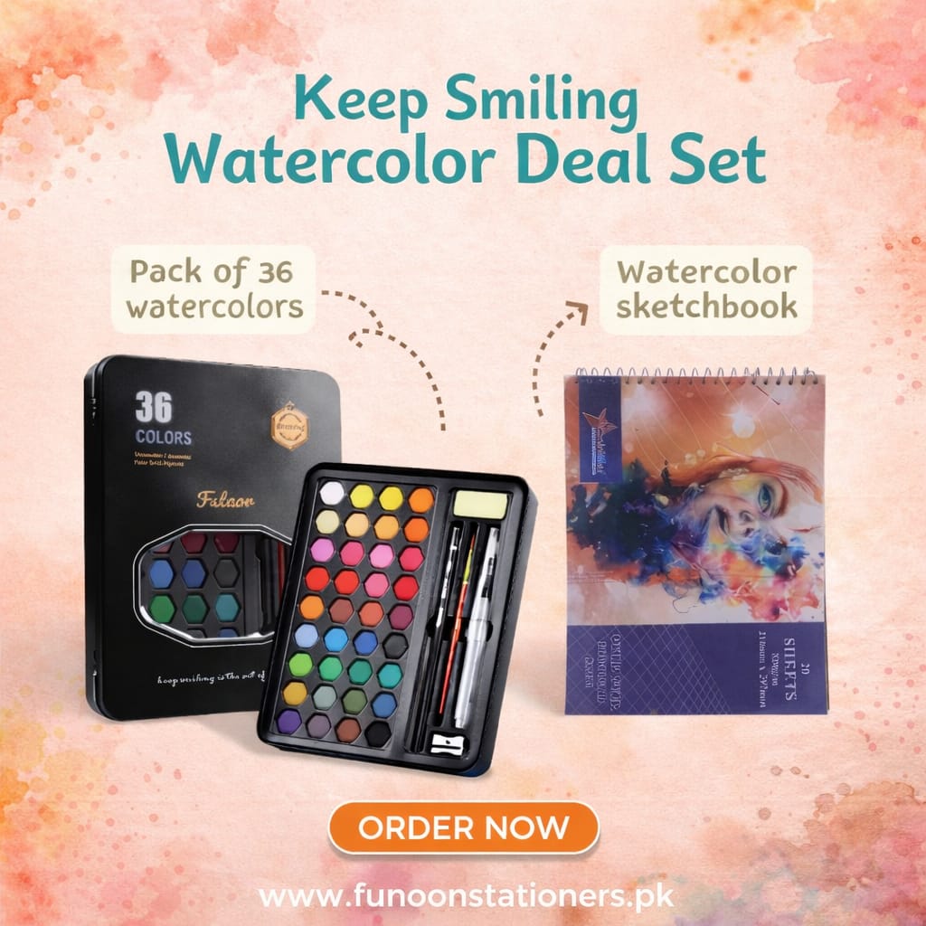 Keep Smiling 36-color watercolor set with included sketchbook for painting, drawing, and artistic creativity.