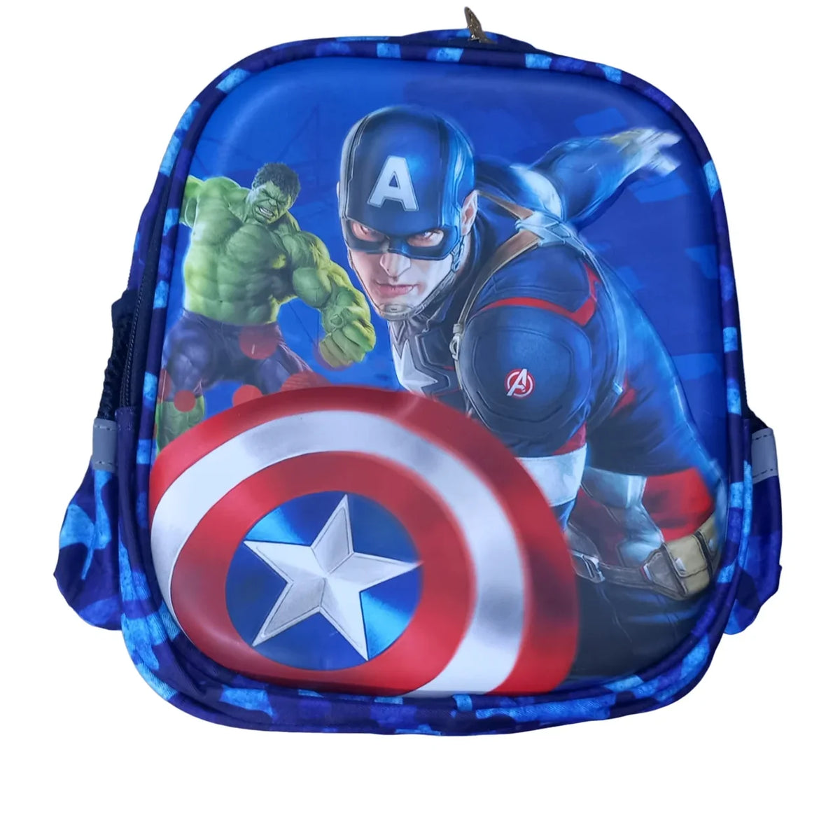 Cute Captain America character school bag for kids with adjustable shoulder straps, ideal for playgroup, preschool, kindergarten, school, daycare, and picnic use on a white background.