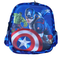 Cute Captain America character school bag for kids with adjustable shoulder straps, ideal for playgroup, preschool, kindergarten, school, daycare, and picnic use on a white background.