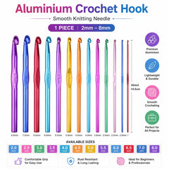 Aluminium crochet hook single piece for knitting and crochet yarn projects