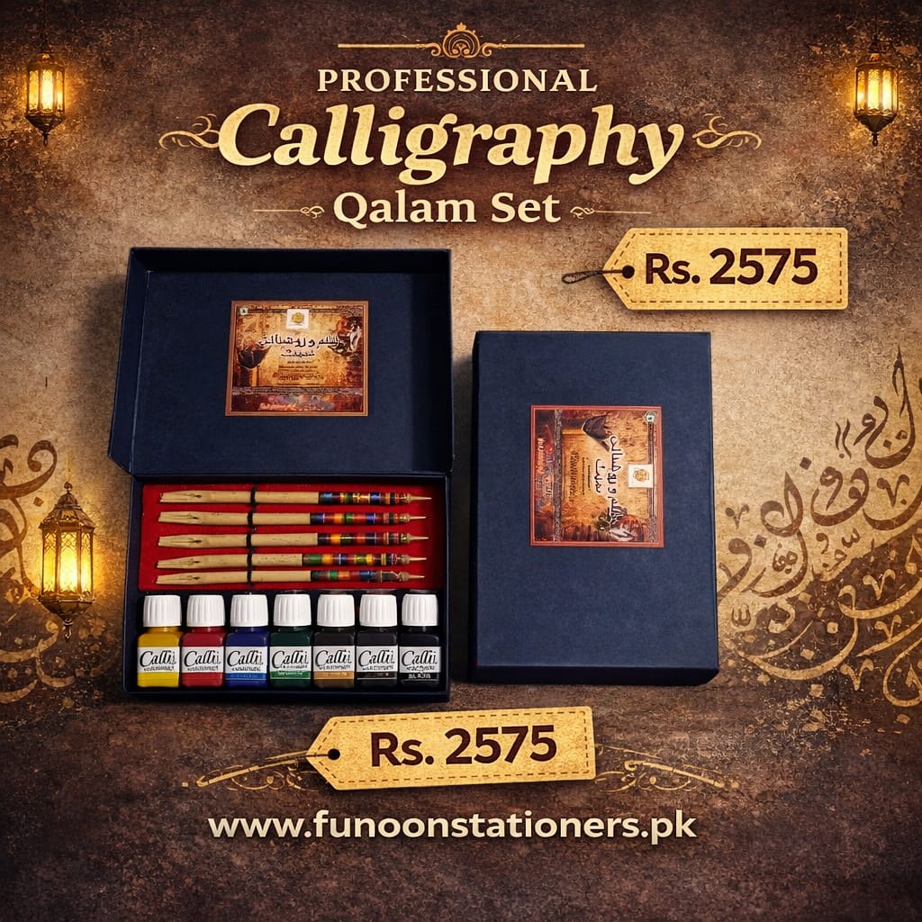 Five traditional calligraphy qalams with six colorful ink bottles arranged for Arabic and Urdu calligraphy writing practice.