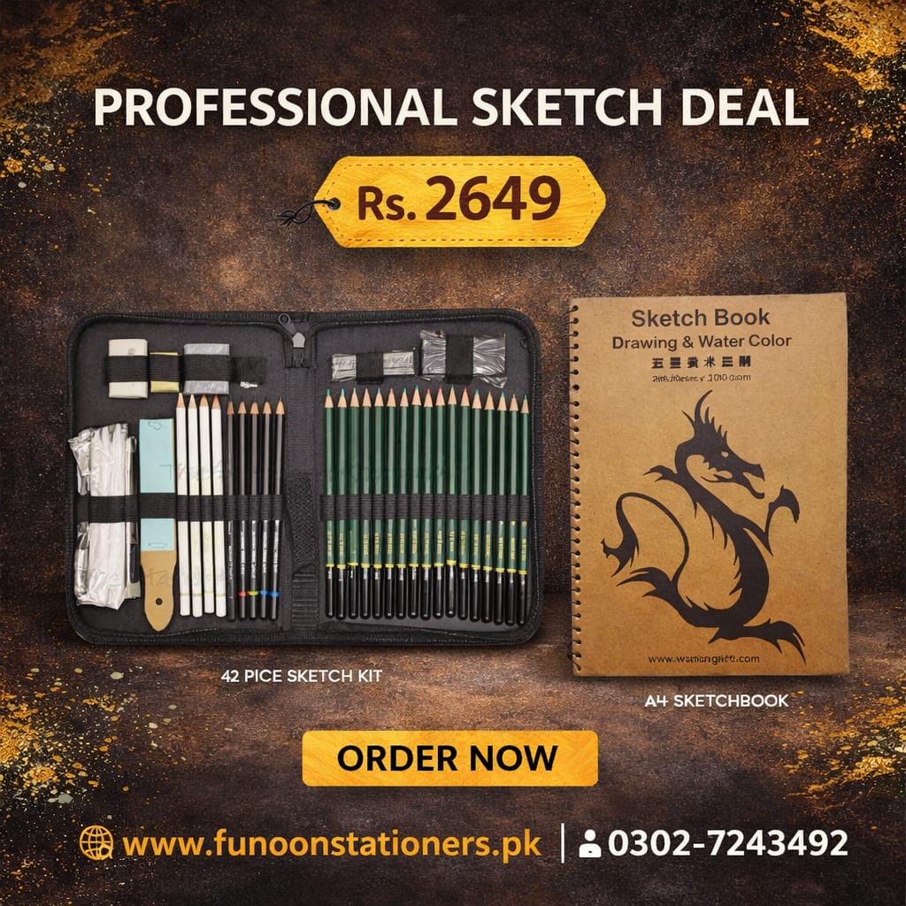 Professional 42-piece sketching kit with A4 sketchbook, graphite pencils, charcoal sticks, erasers, sharpener, blending tools, and carrying case.