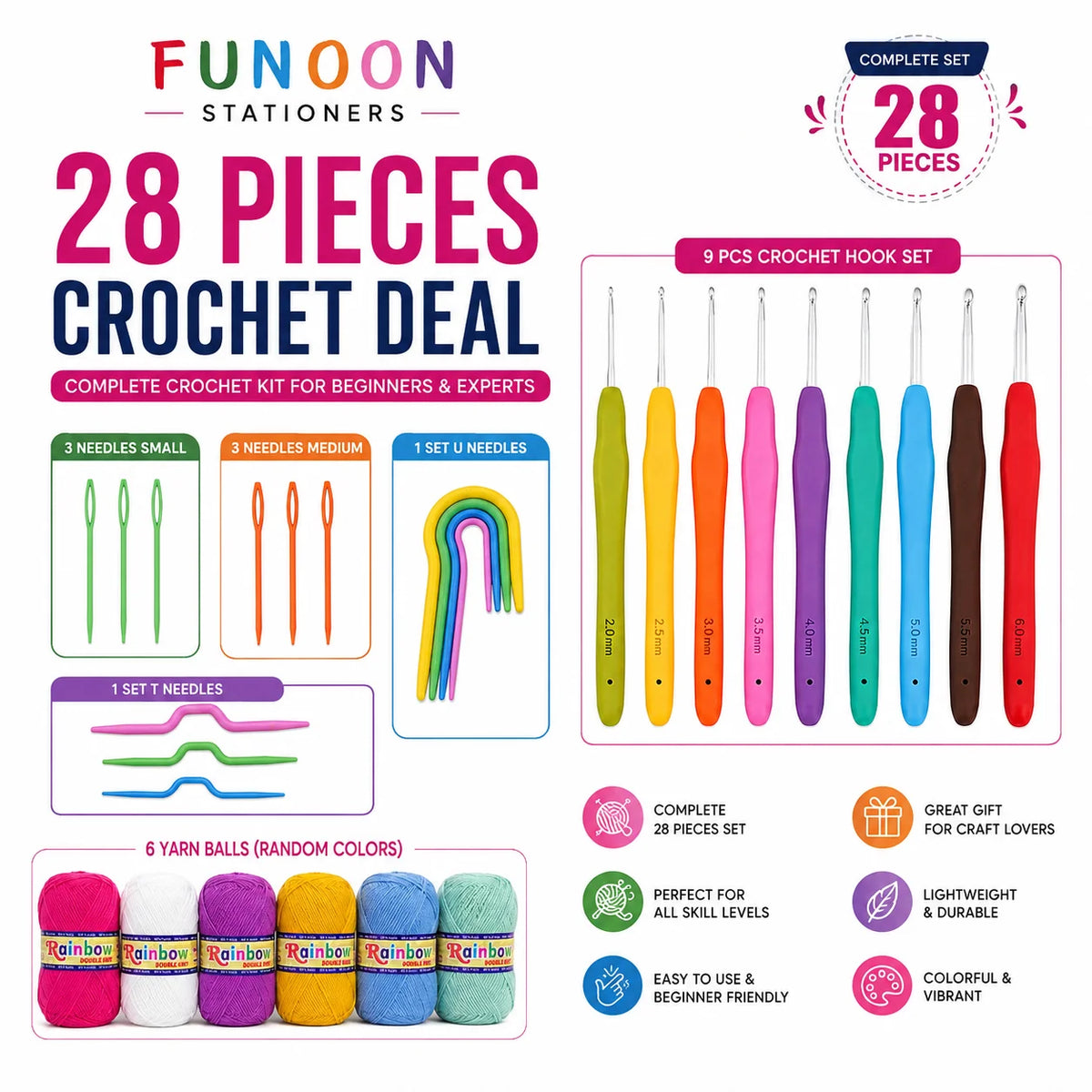 28 pieces crochet kit with 9 crochet hooks 6 yarn balls sewing needles U needles and T needles for crochet and DIY crafts