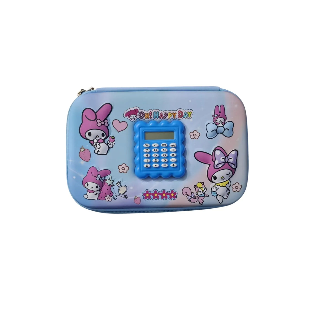 My Melody 3D pencil case with built-in calculator. Embossed fiber pouch ideal for kids to store stationery, pens, and school essentials.