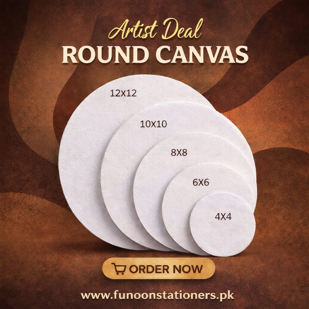Set of five round canvas boards in assorted sizes 4x4, 6x6, 8x8, 10x10, and 12x12 inches for painting and art projects.