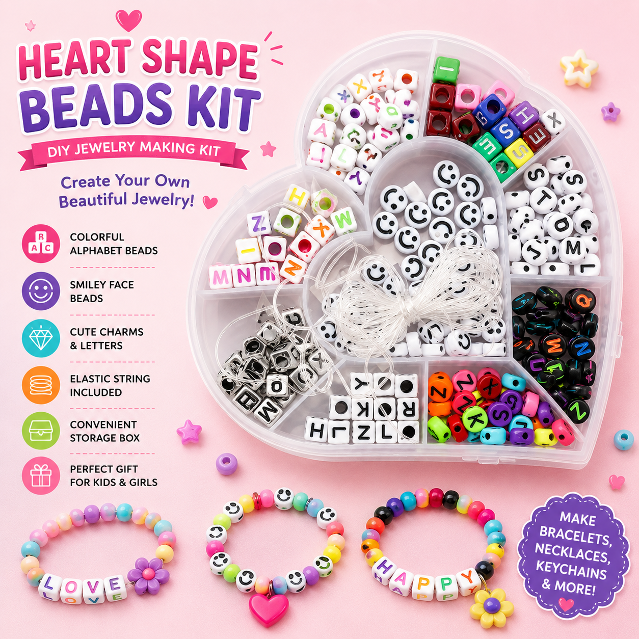 Heart Shape DIY Jewelry Making Kit with Alphabet Beads and Charms