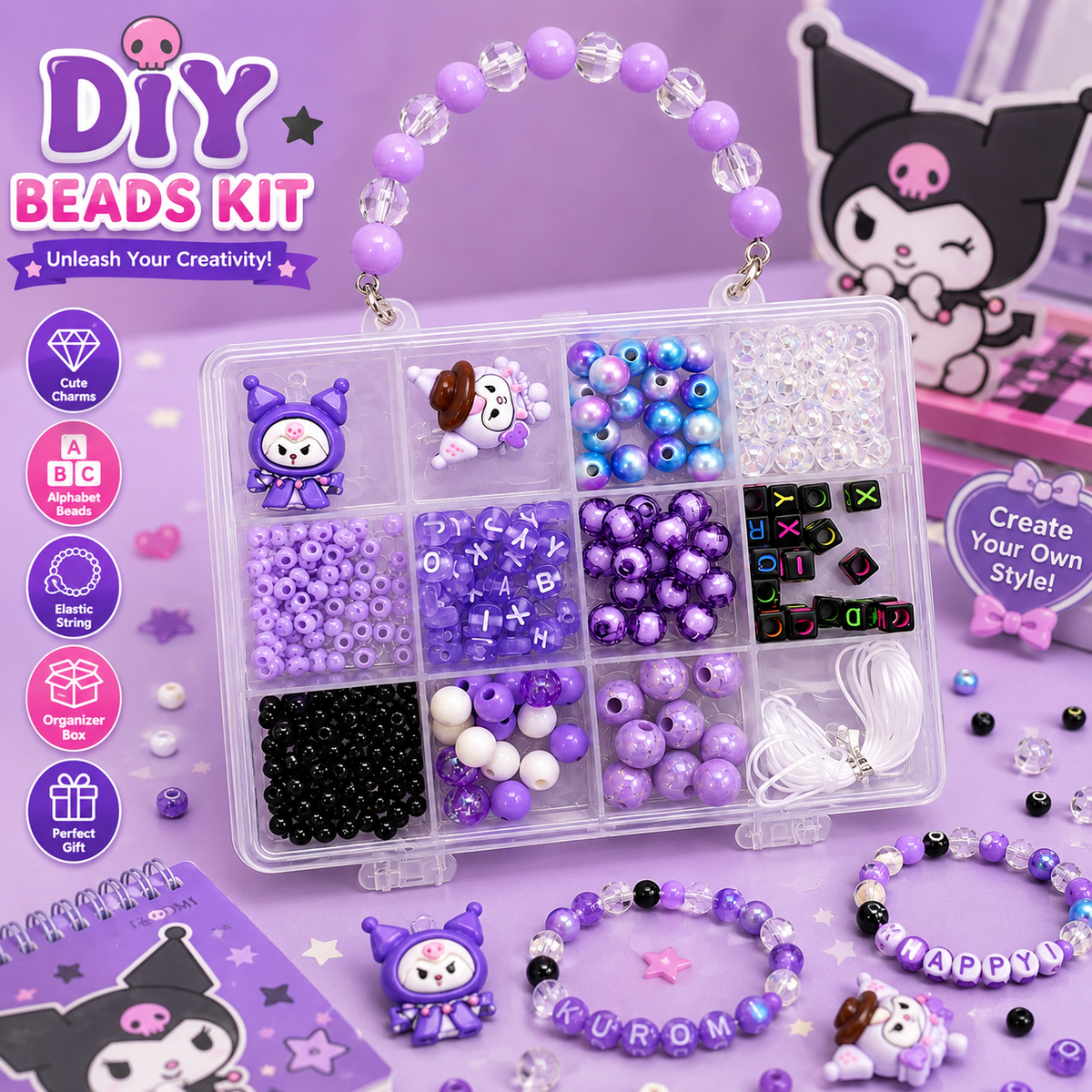 Kuromi DIY bracelet making kit with purple beads, alphabet beads, character charms, elastic string, and organizer box for jewelry crafting.