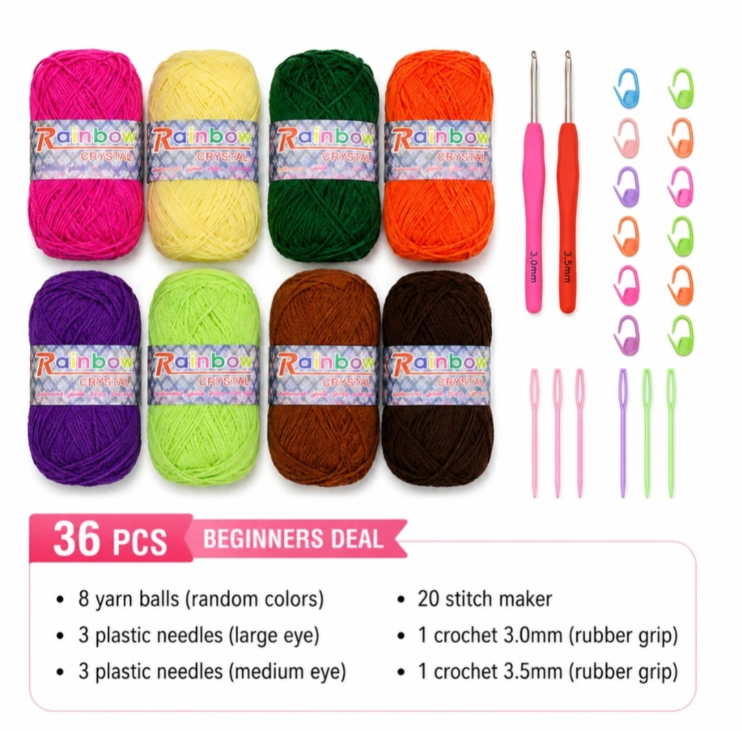 36 piece crochet beginners kit with colorful yarn balls, crochet hooks, stitch markers and plastic needles