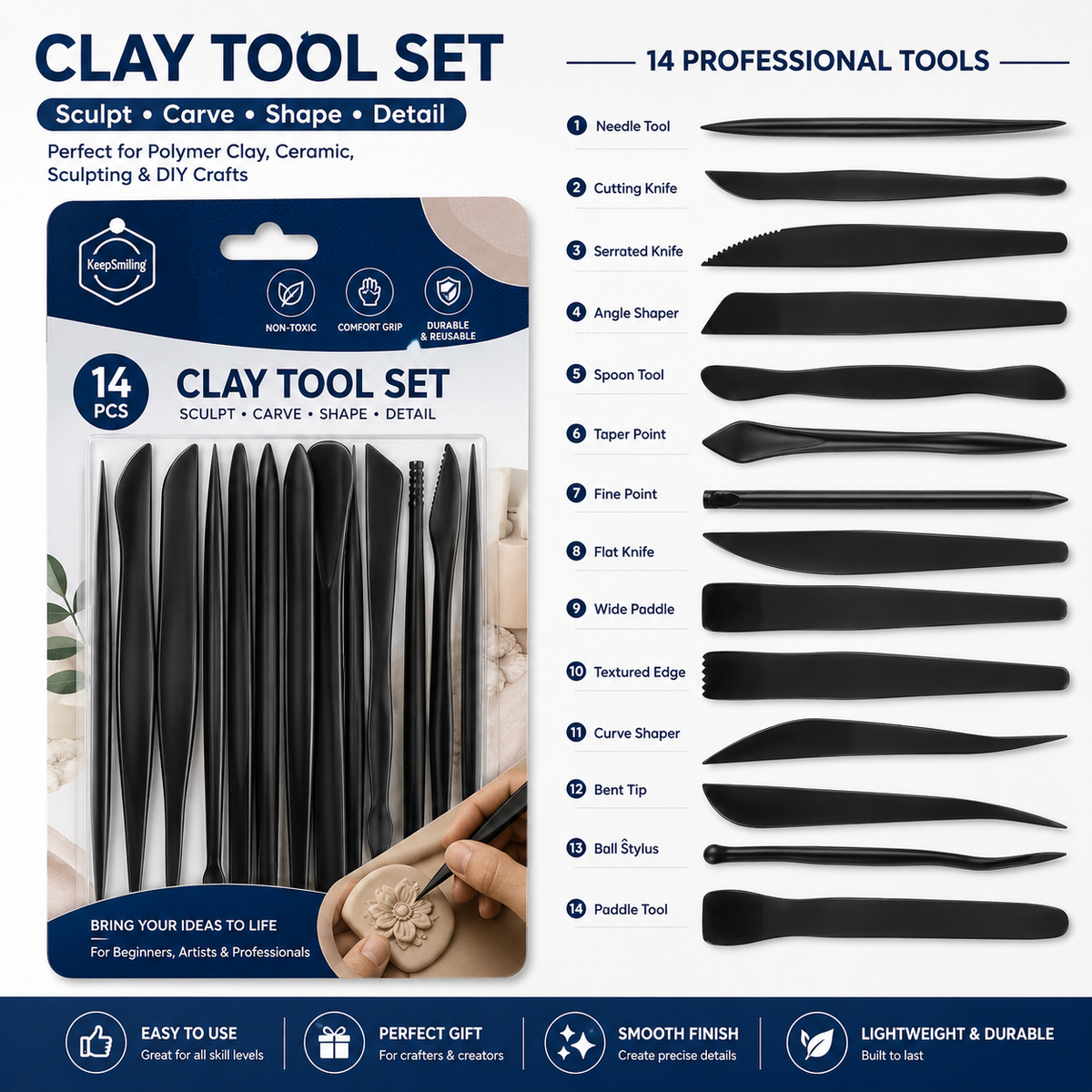 Keep Smiling 14Pcs clay tool set with black plastic pottery and sculpting tools for ceramics, modeling, carving, and DIY craft projects.
