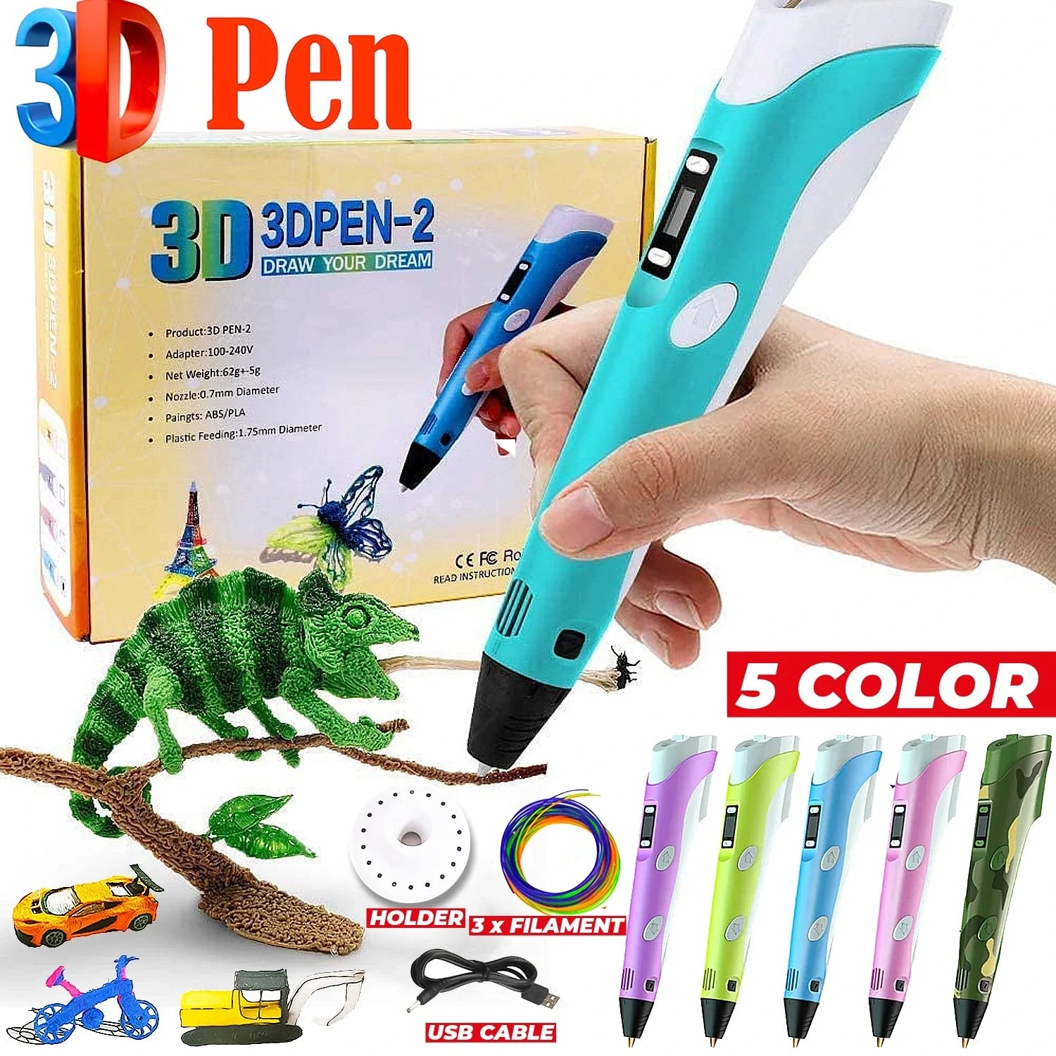 3D pen drawing and 3D printing doodle pen USB rechargeable with refills for school and workshop use