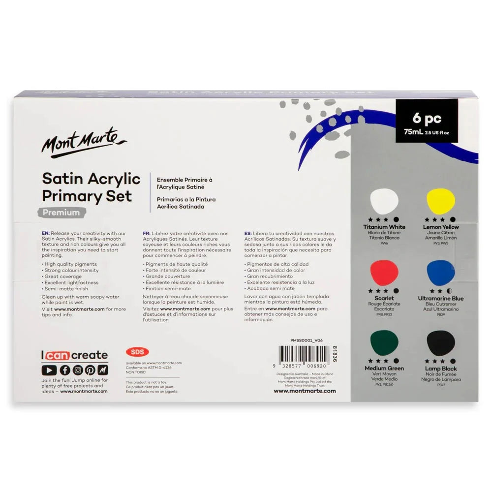 Mont Marte satin acrylic paint primary set 6 colors 75ml tubes for art, canvas and craft painting