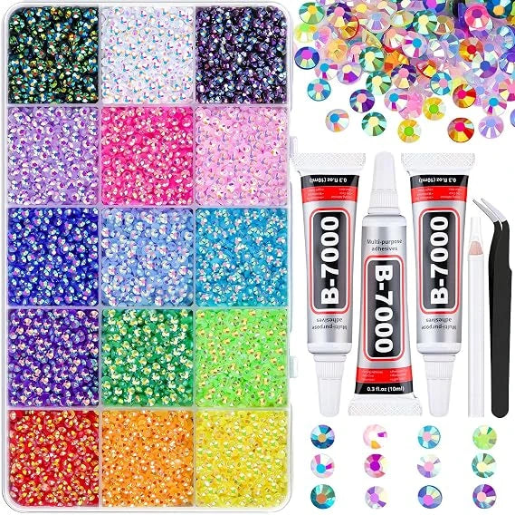 15-color resin jelly rhinestones kit with 3mm flatback gems and three 10ml B7000 jewelry glue tubes