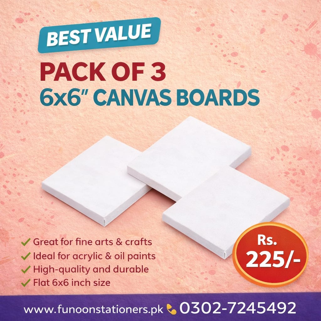 Pack of three 6x6 inch square blank canvas boards, white primed painting panels for acrylic and oil art.
