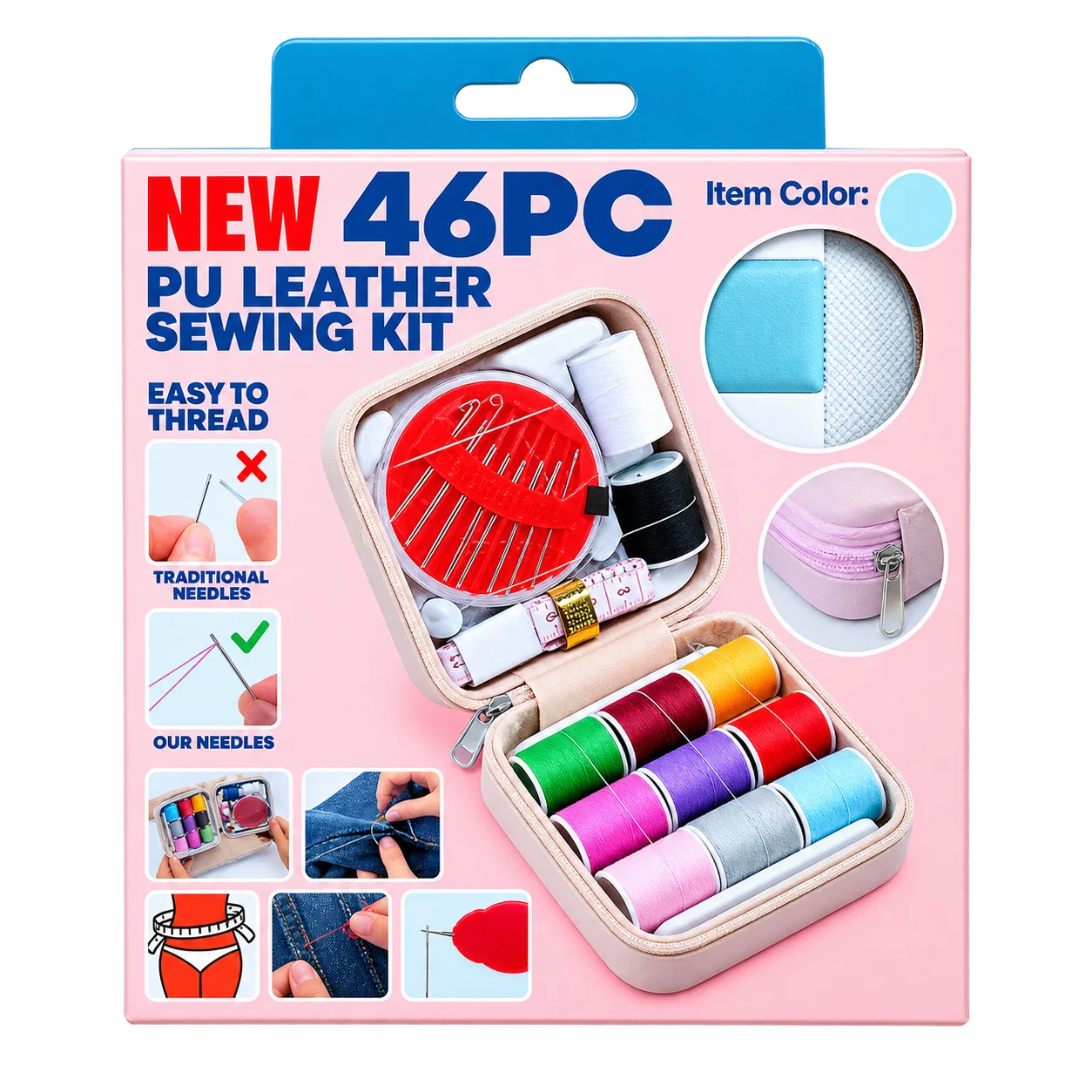 46 piece sewing kit with colorful sewing threads needles scissors measuring tape thimble and portable storage case