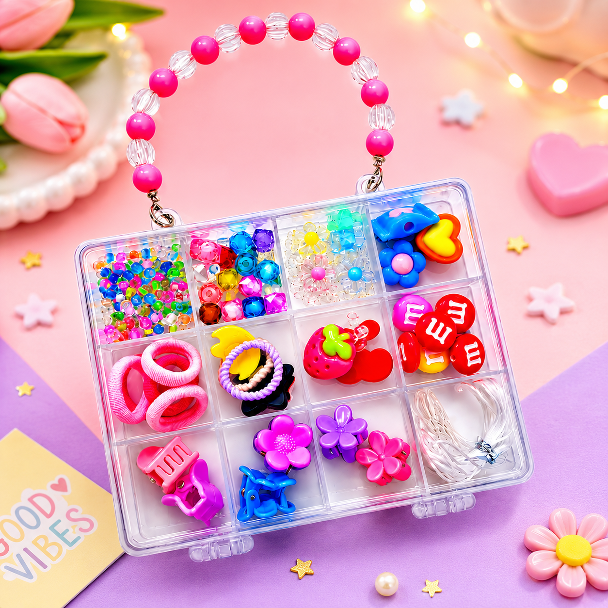 Cute girls hair accessories and beads organizer box with colorful DIY jewelry-making supplies, clips, rings, charms, and storage case.