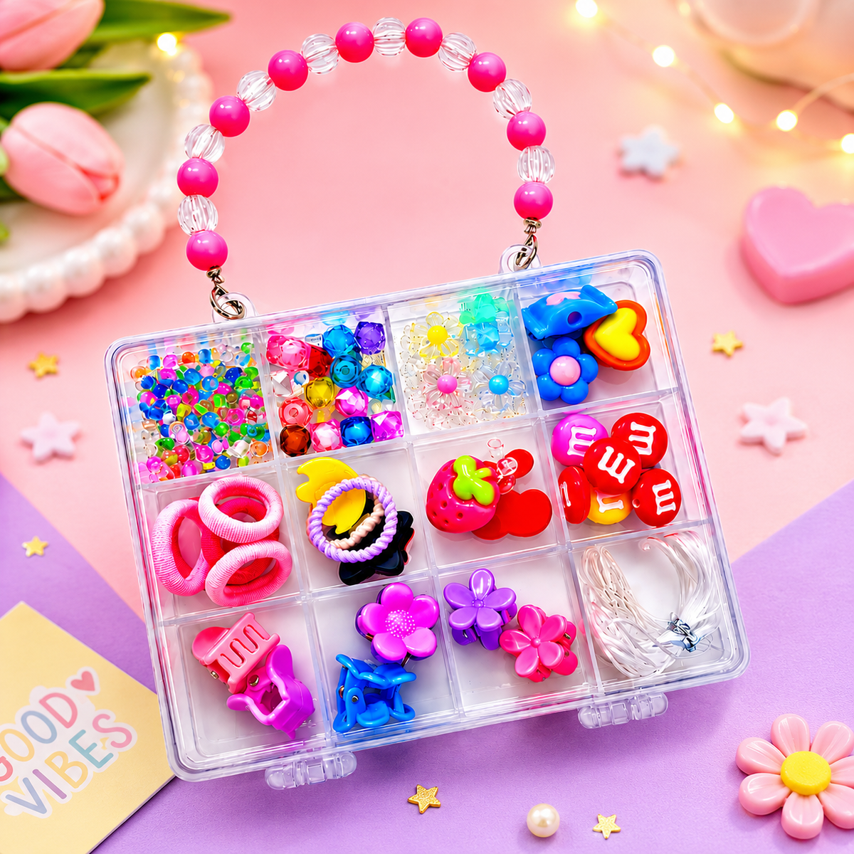 Cute girls hair accessories and beads organizer box with colorful DIY jewelry-making supplies, clips, rings, charms, and storage case.