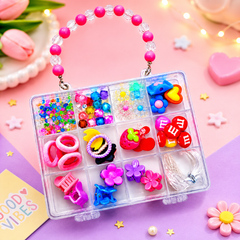 Cute girls hair accessories and beads organizer box with colorful DIY jewelry-making supplies, clips, rings, charms, and storage case.