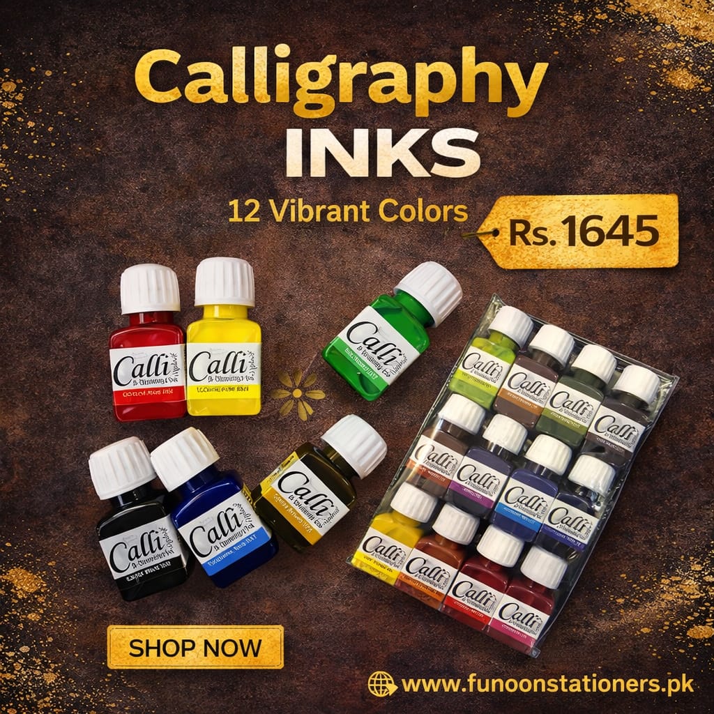 Set of 12 colorful calligraphy ink bottles arranged together for dip pens, brush lettering, and decorative writing.