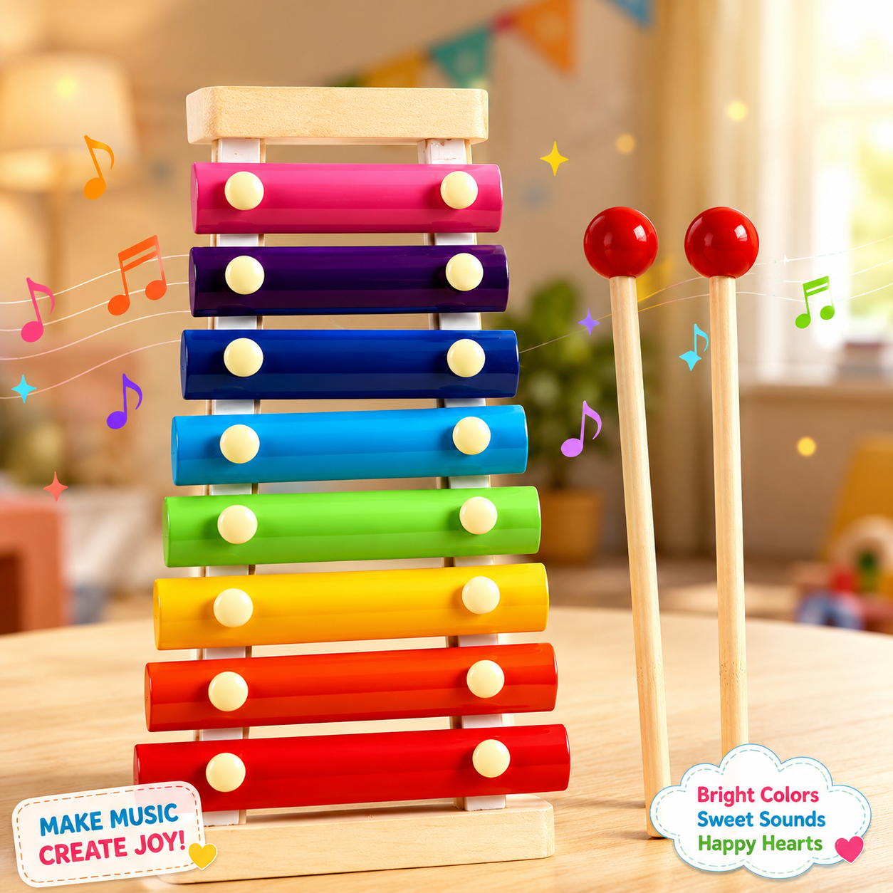 Colorful wooden xylophone toy with 8 rainbow bars and 2 wooden mallets for toddlers and preschool children music learning.