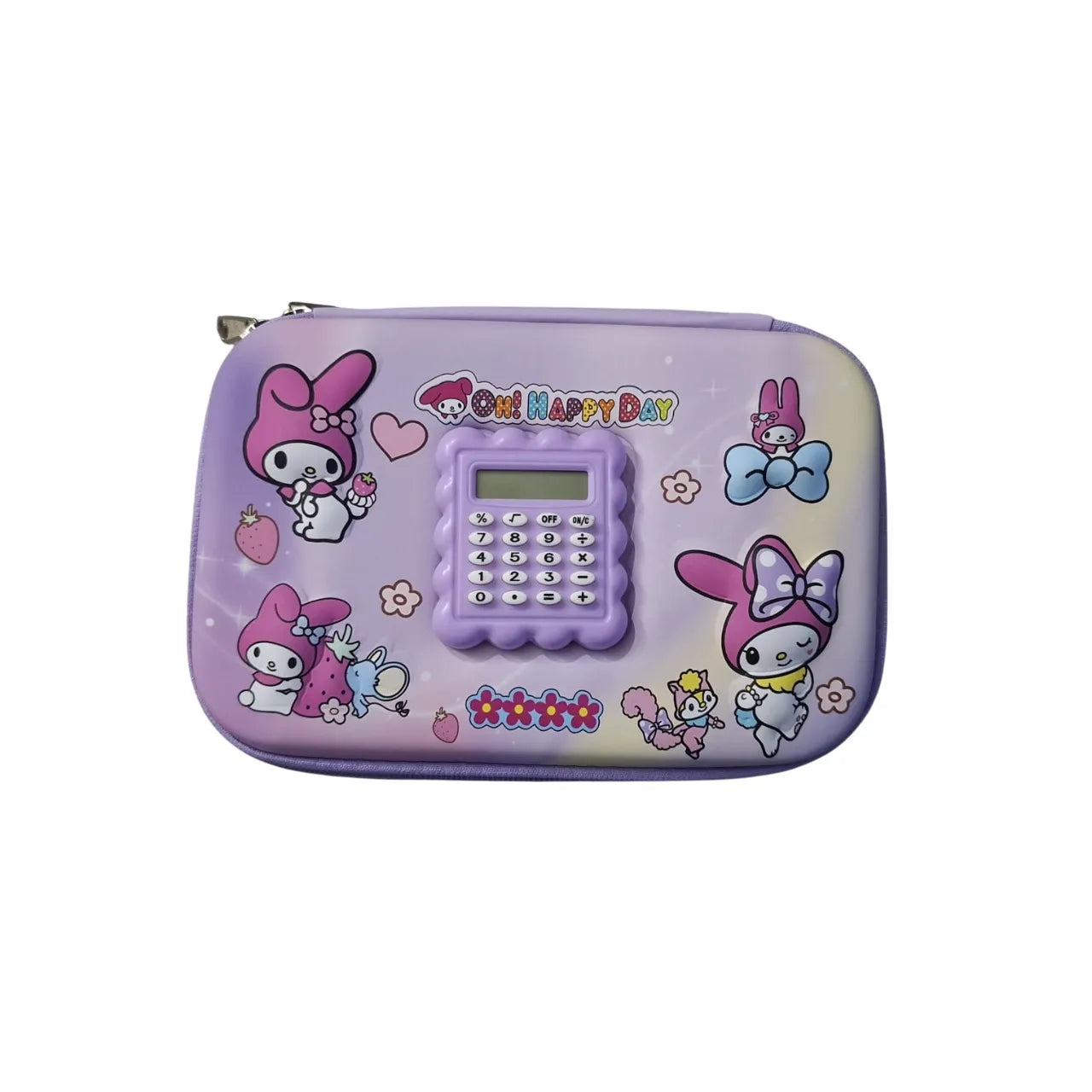 My Melody 3D pencil case with built-in calculator. Embossed fiber pouch ideal for kids to store stationery, pens, and school essentials.