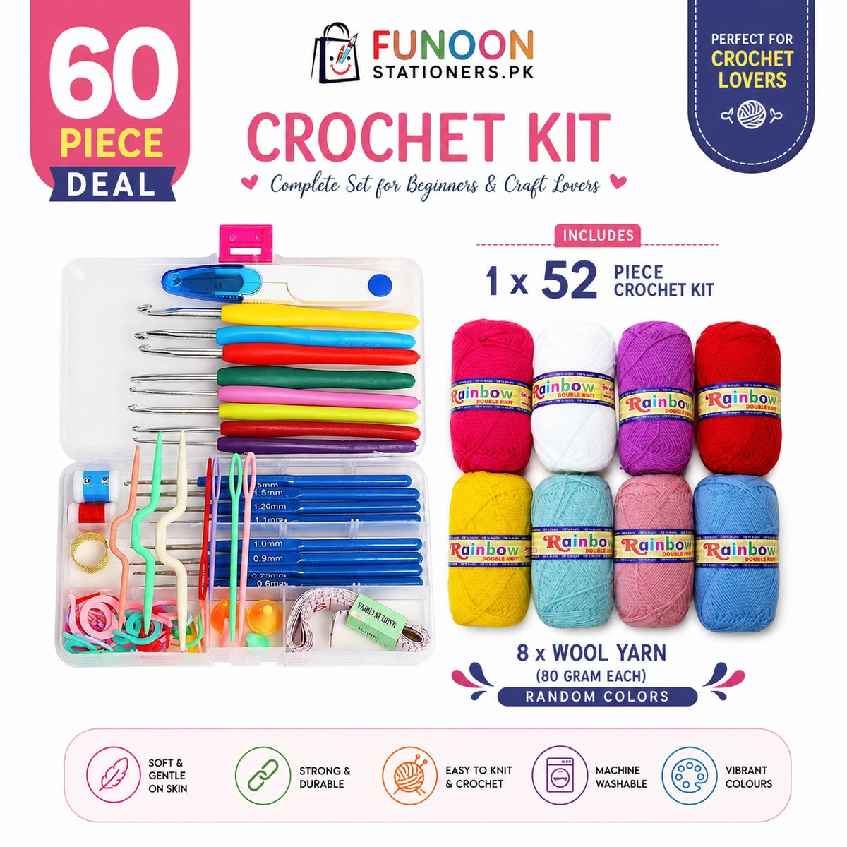 60 Piece Crochet Starter Deal with 52 Piece Crochet Kit and 8 x 80g Rainbow Double Knit Acrylic Wool Yarn Bundle by Funoon Stationers