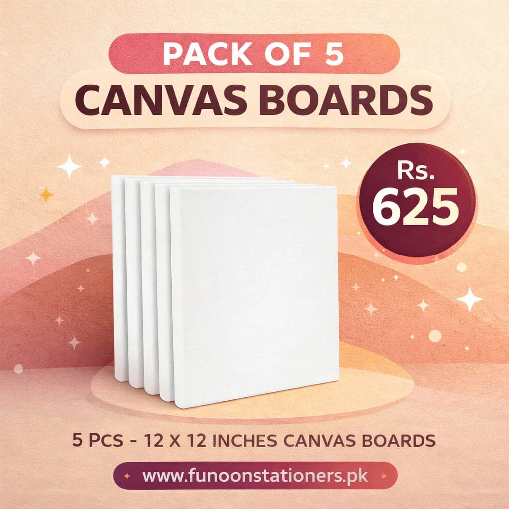 Pack of five 12x12 inch square blank canvas boards, white primed painting panels for acrylic and oil artwork.