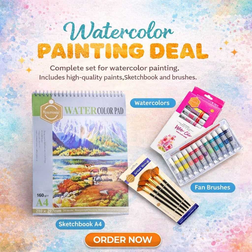 Watercolor painting deal set including vibrant watercolor paints and essential painting tools for beginners and hobby artists.
