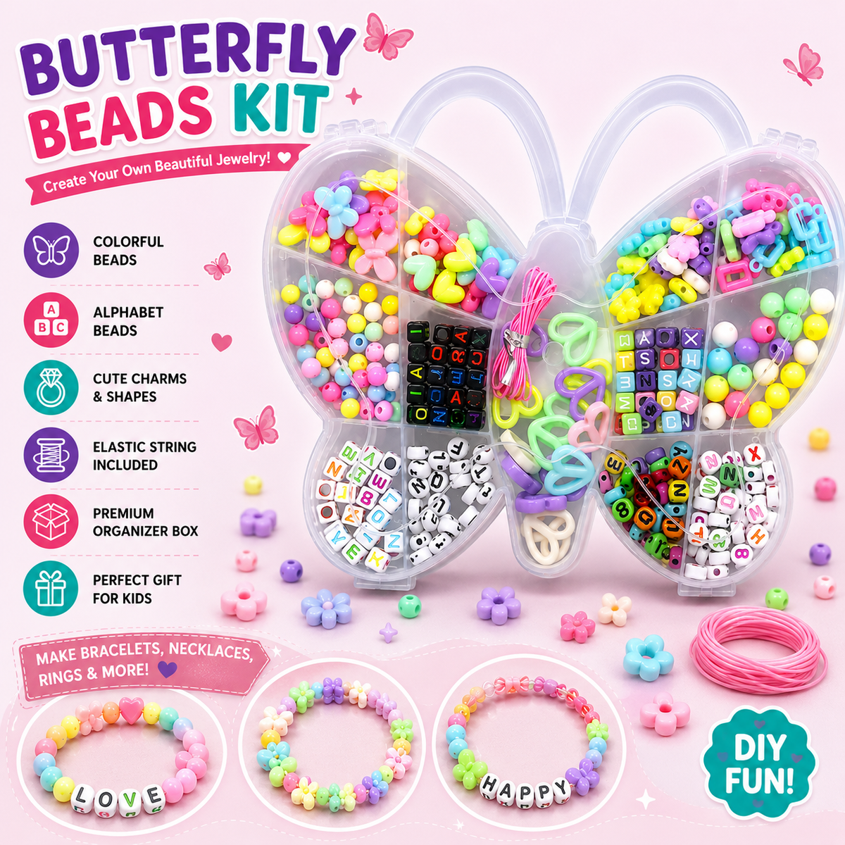 Butterfly-shaped jewelry making kit with colorful beads, alphabet beads, charms, and elastic string for DIY bracelets, necklaces, and rings.