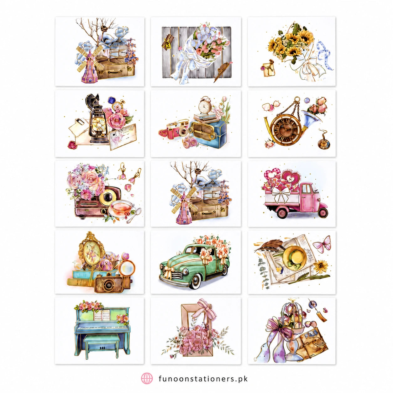 Pack of 5 decorative floral mini gift cards for greeting messages, gift wrapping, bouquets, scrapbooking, journaling, and DIY crafts on a white background.