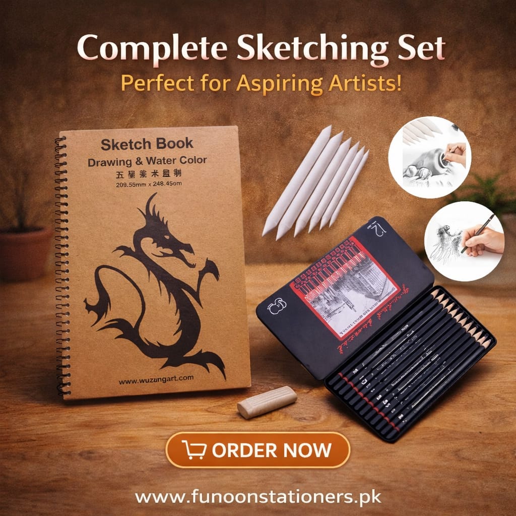 Complete sketching set with drawing pencils and essential art tools arranged for beginner and aspiring artists.