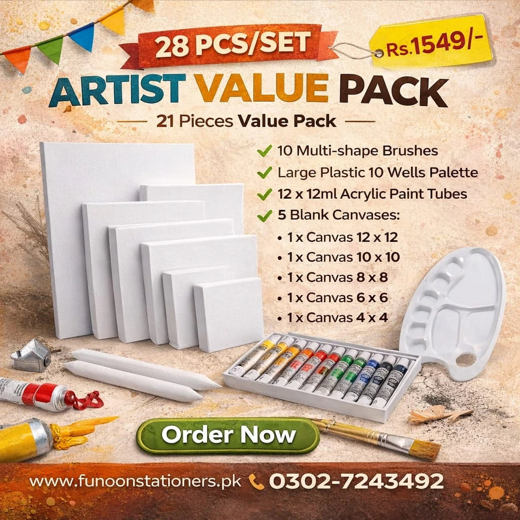 28-piece art set including blank canvases, acrylic paint tubes, assorted paint brushes, and 10-well mixing palette arranged for painting.