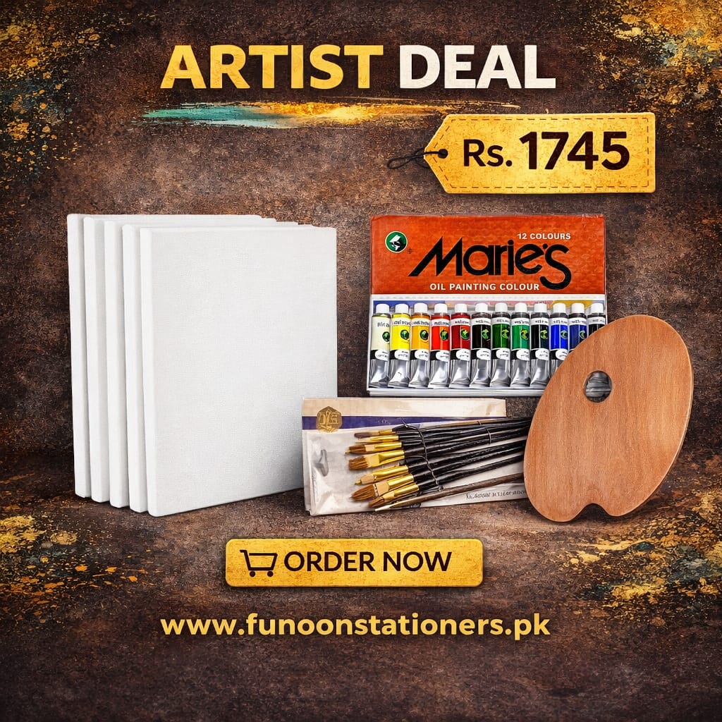 Artist value pack including stretched canvases, oil paint tubes, assorted multi-shape paint brushes, and wooden paint mixing palette.