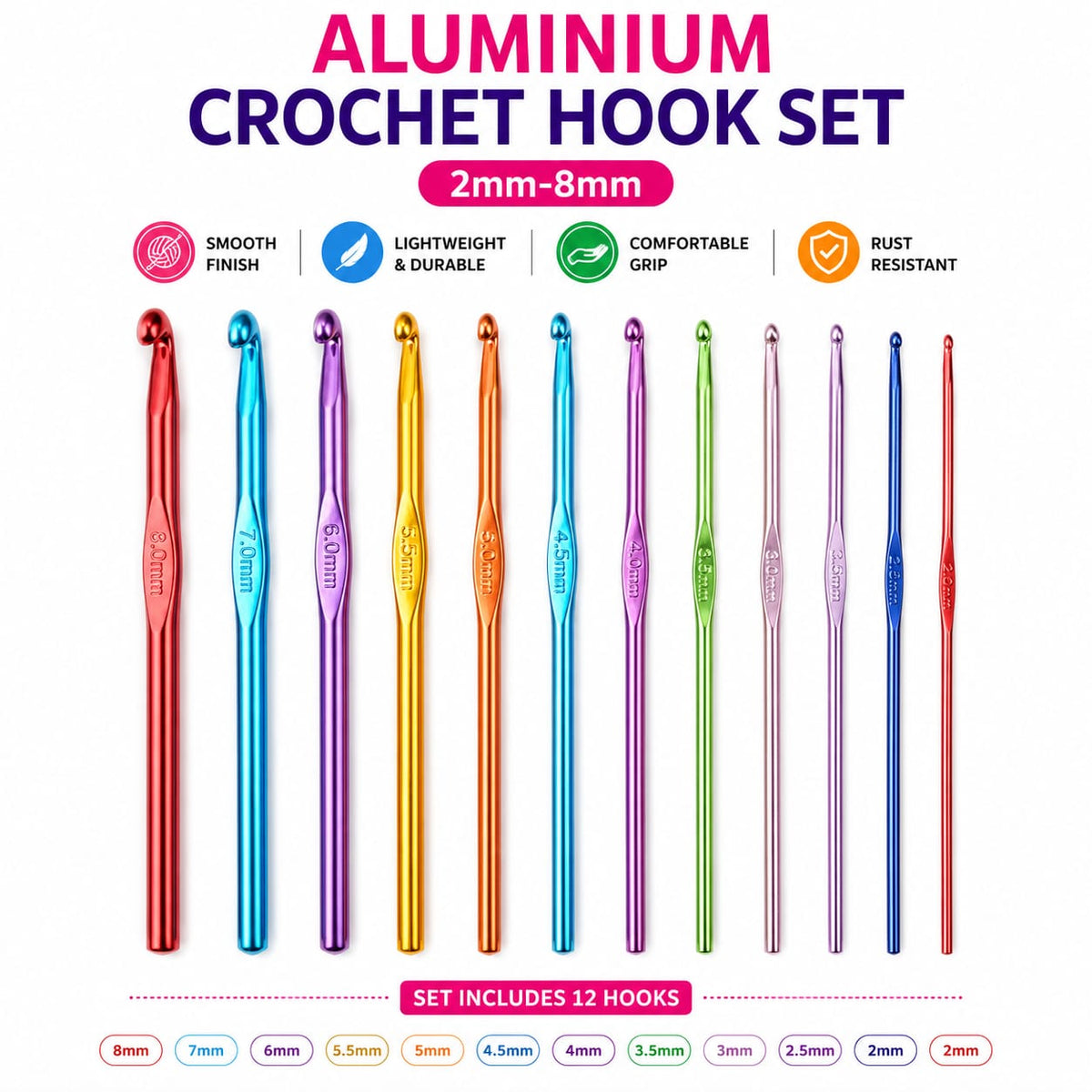 Aluminium crochet hook set 2mm to 8mm for knitting and crochet craft projects