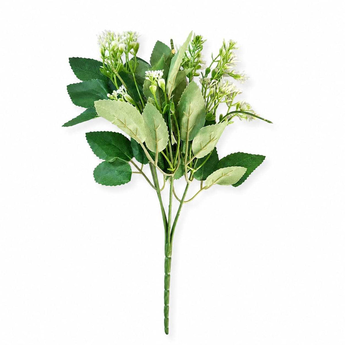 Artificial white flower bouquet with realistic green leaves and small white blossoms isolated on a white background.