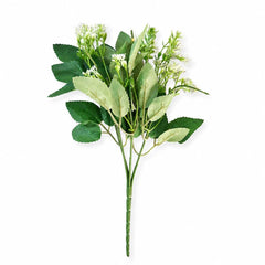Artificial white flower bouquet with realistic green leaves and small white blossoms isolated on a white background.