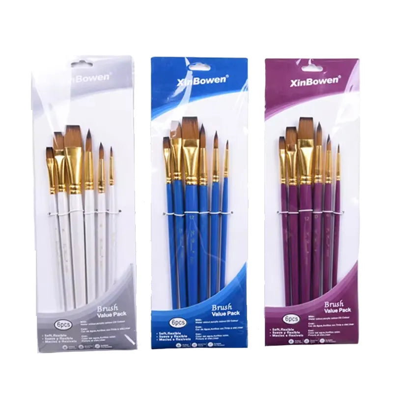 Pack of 6 paint brushes with 3 round and 3 flat tips for acrylic, oil, watercolor and base painting