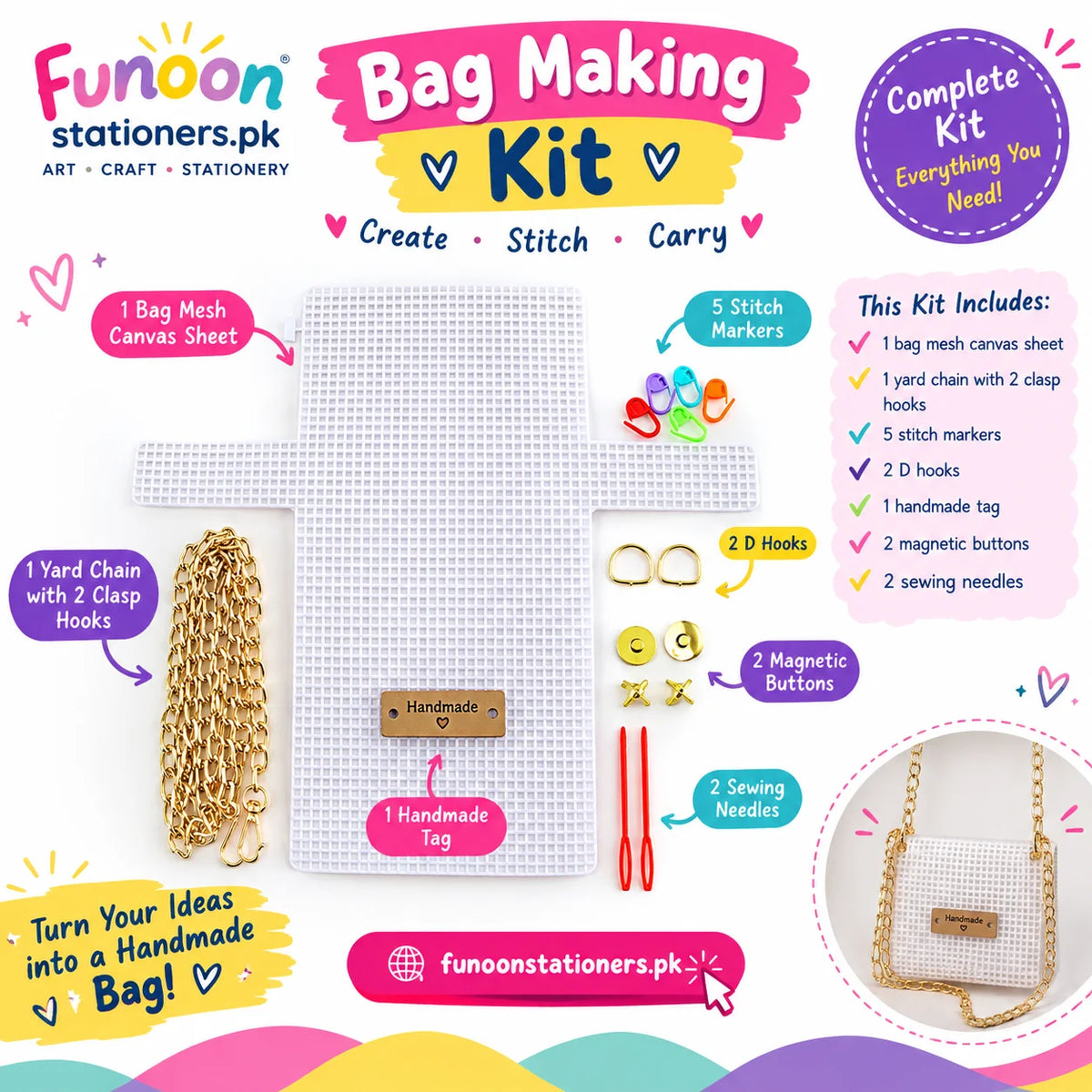 Complete DIY Bag Making Kit with Mesh Canvas, Chain, Clasps and Accessories