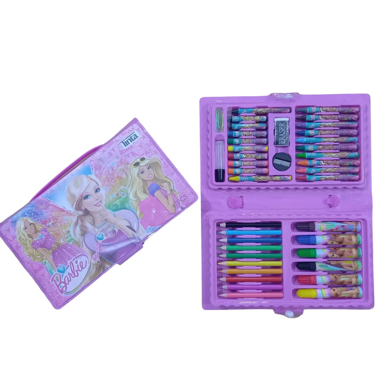 Barbie 42 pcs multi-color coloring kit for kids with crayons, pencils, and markers in button box