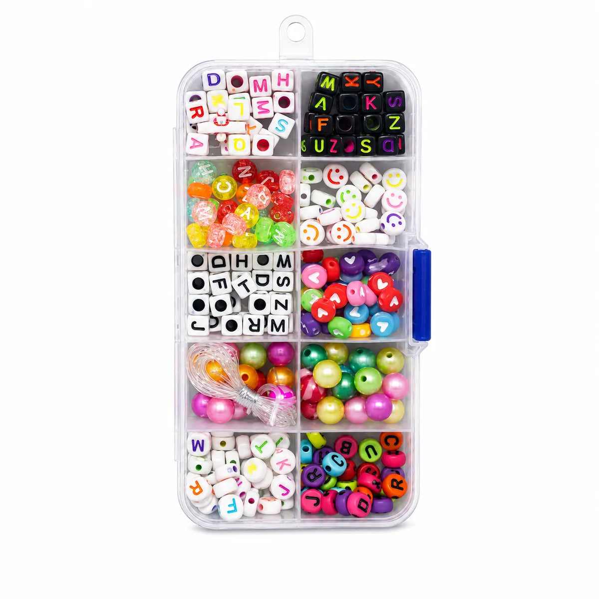 DIY jewelry making beads set with colorful alphabet beads, decorative beads, elastic string, and organizer box for creating bracelets, necklaces, earrings, and handmade accessories.