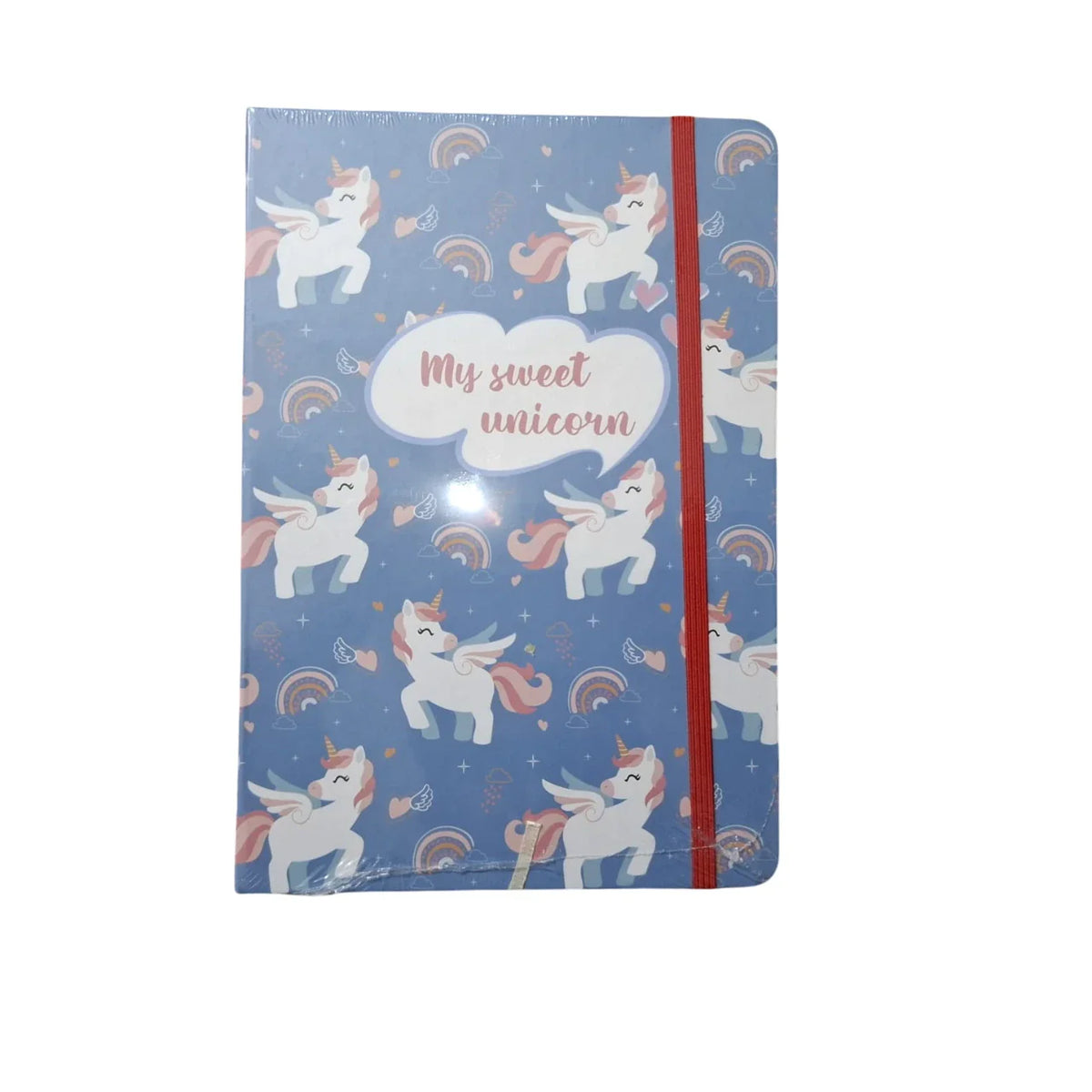 Sweet Unicorn notebook A5 size. The magic of one-of-a-kind Stationery sets. Be the star of your classroom with this majestic Notebook. 71-80 Lined Pages. With a ribbon bookmark. Elasticated closure attached to it. Made in China.
