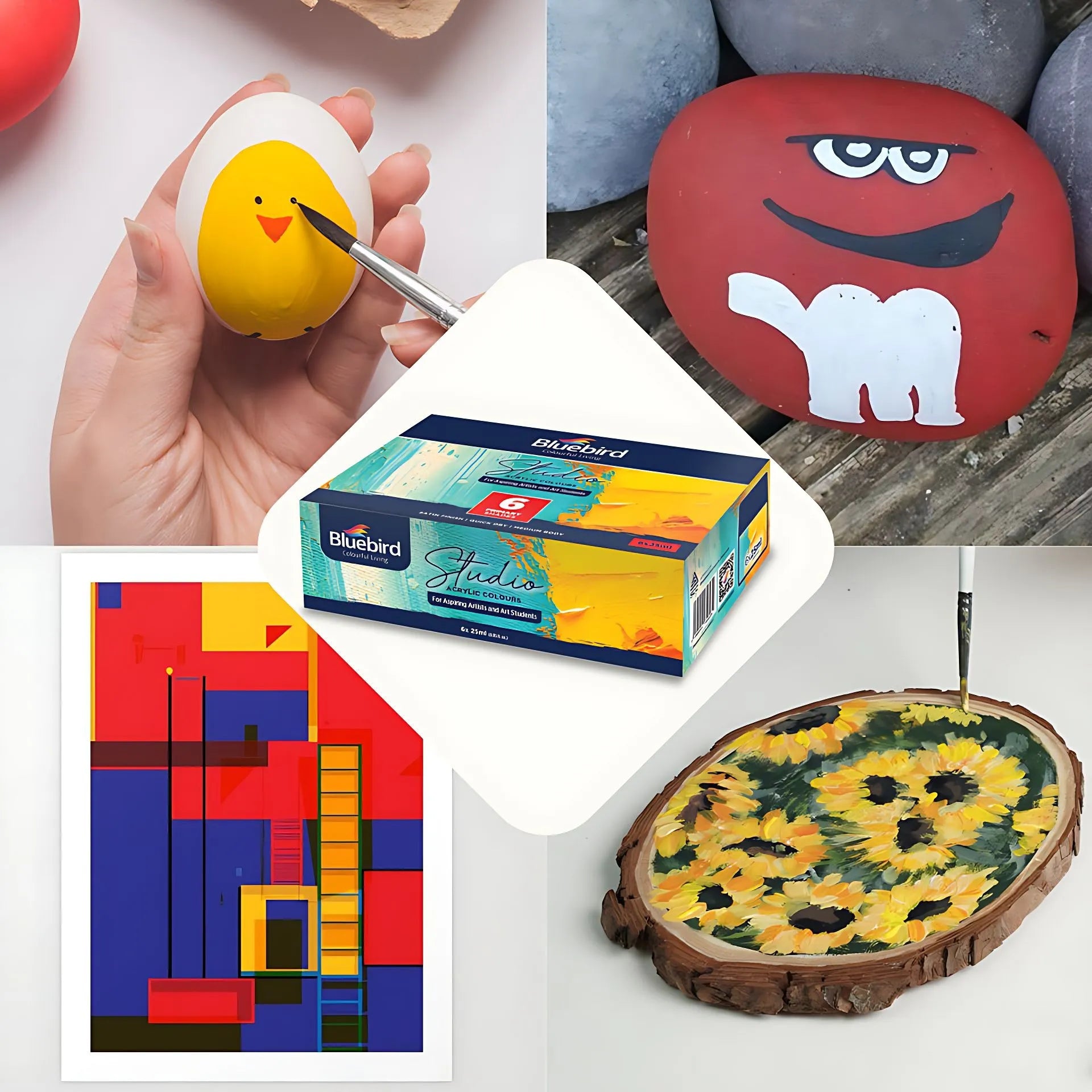 Bluebird Studio acrylic paint set, 6 tubes of 25ml primary colors, non-toxic, vibrant pigments for canvas, wood, and craft projects