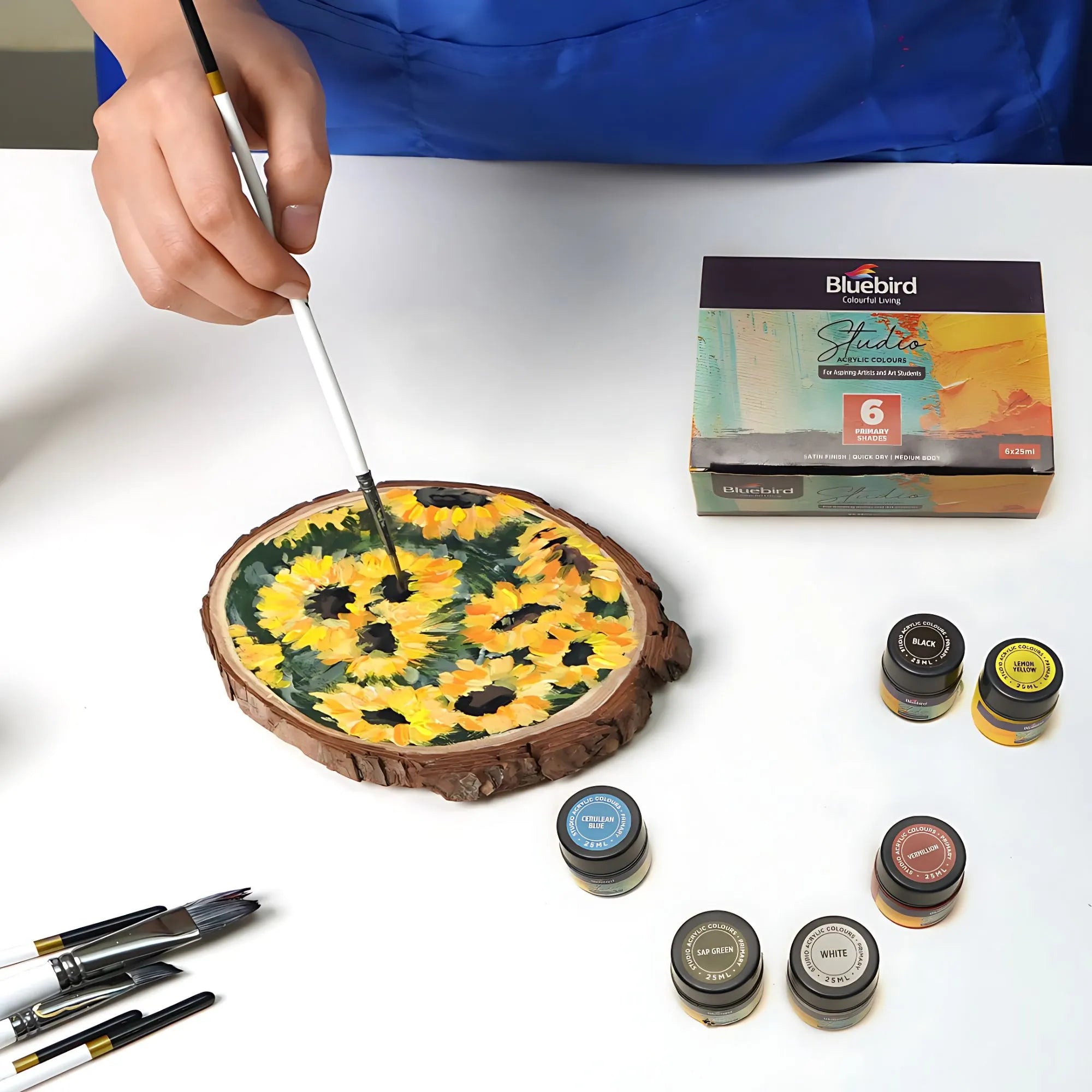 Bluebird Studio acrylic paint set, 6 tubes of 25ml primary colors, non-toxic, vibrant pigments for canvas, wood, and craft projects