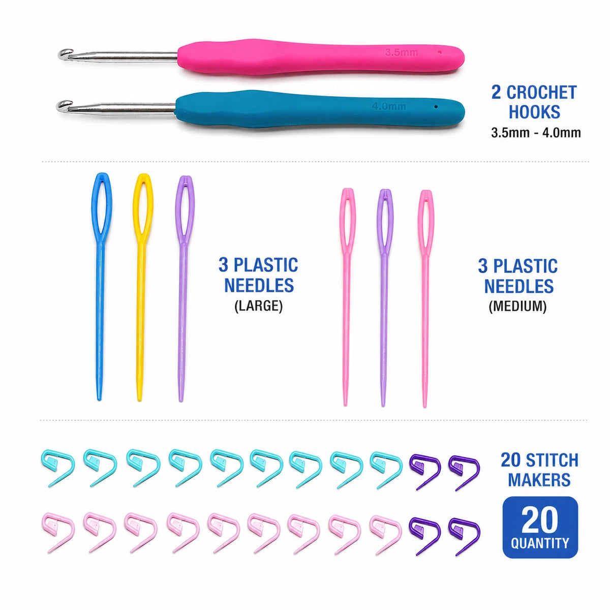 Crochet accessories kit featuring 2 ergonomic crochet hooks, 6 colorful plastic yarn needles, and 20 stitch markers for knitting and crochet projects.